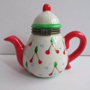 Mini Teapot Red Green Cherry Holiday Trinket Box Porcelain Brass Butterfly Latch